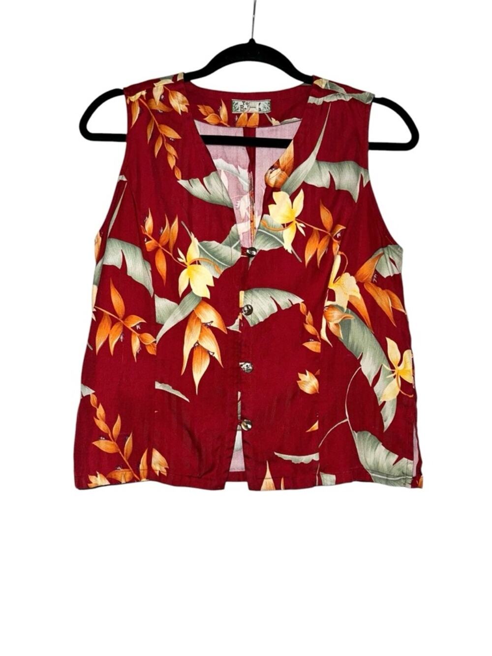 Tommy Bahama Silk Red Tropical Sleeveless Button-Front Vintage Vest SMALL